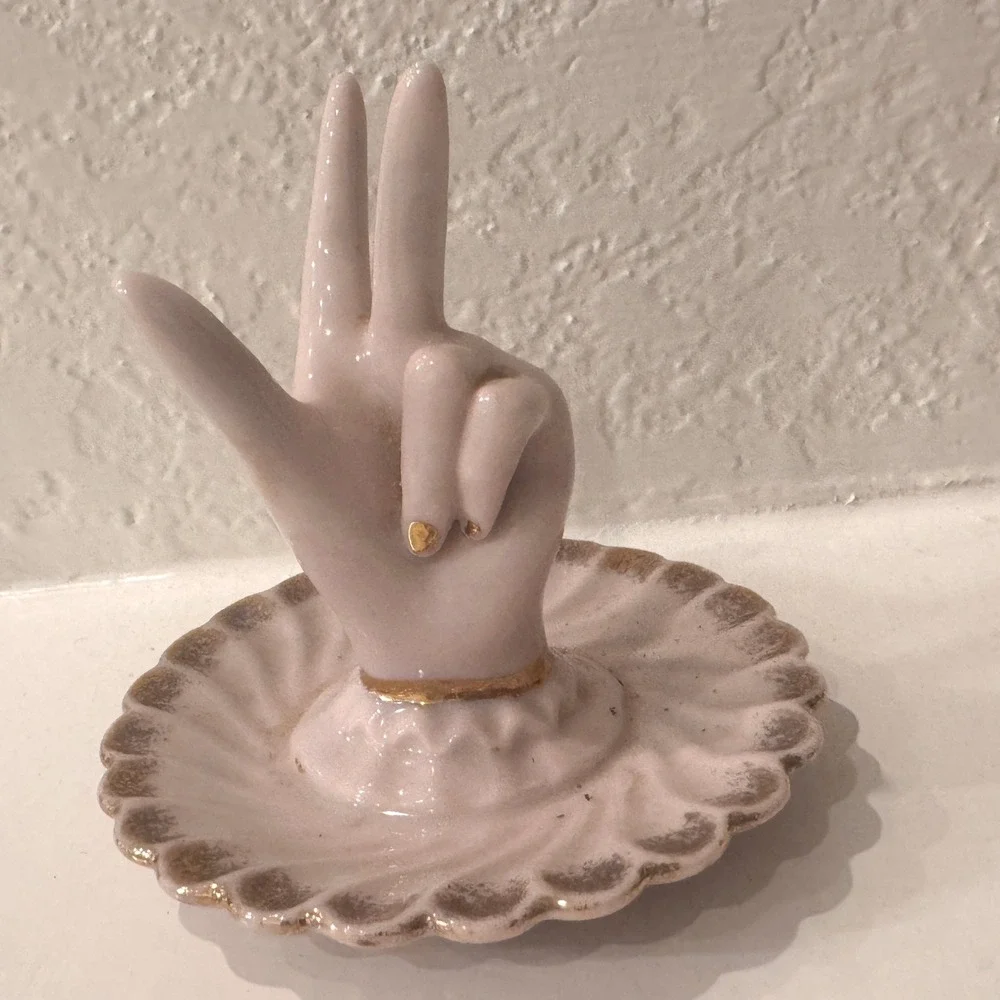 Vintage Pink Ceramic Hand Ring Holder Gold Gilt Scalloped Jewelry Dish Japan